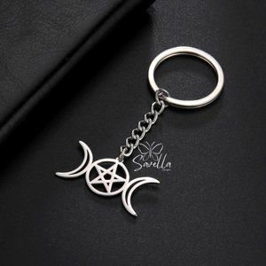 Stainless Steel Pagan Triple Moon Star Key Chain Silver